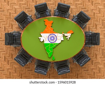 Indian Goverment Meeting. Map Of India On The Round Table, 3D Rendering