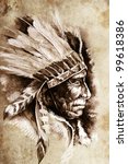 Indian Head Chief Illustration. Sketch of tattoo art, over vintage paper