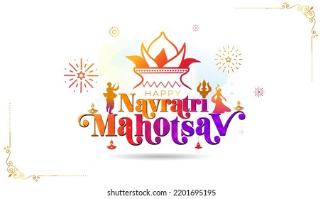 Indian Hindu Navratri Kalash Puja Festival And Dandiya Dance Background With Navratri Mahotsav Text.