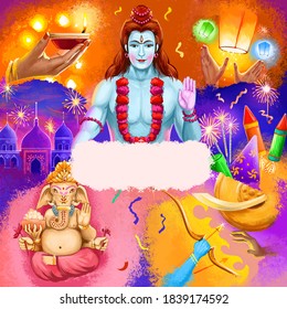 Indian holidays advertising poster with Krishna Janmashtami, Happy Diwali and Dussehra, dedicated to religion festivals and Independence day digital art colorful illustration with Gods and candles - Powered by Shutterstock