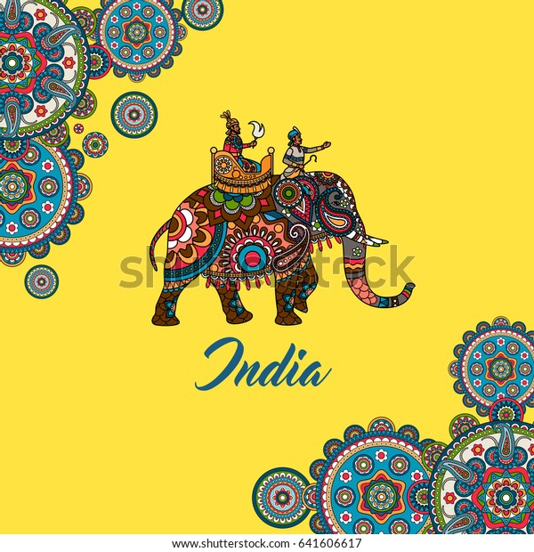 象の装飾と曼荼羅の飾りに座るインドのマハラジャ イラスト のイラスト素材 Shutterstock