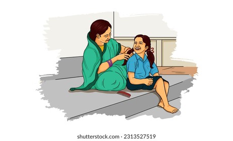 Indian mother doing little daughter's hair.Mother tying her little daughter's hair up in a ponytail. Little girl sitting on floor and talking to her mom who doing her hair. Hand-drawn vector - Powered by Shutterstock