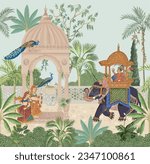 Indian Mughal king riding elephant in a garden with queen, woman, peacock, tree illustration for wall art