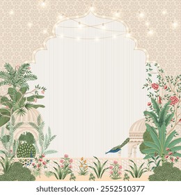 Indian Mughal wedding ceremony invitation card floral elements, decorative arches, peacocks and a soft, elegant color palette with placeholders for event details - Powered by Shutterstock