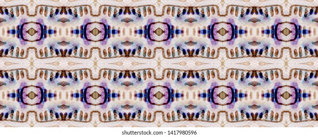 Indian Native American Pattern. Seamless Tie Dye Rapport. Ethnic African Design. Pastel Blue and Brown Seamless Texture. Abstract Kaleidoscope Print. Indian Traditional Americal Pattern.