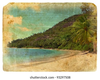 Indian Ocean Landscape, Seychelles. Old Postcard. Isolated On White Background