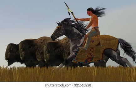 Indian and Paint Horse - A herd of bison scatter in a desperate attempt to get away from an American Indian brave on his paint horse.