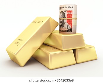 Indian Rupee Banknote Roll And Gold Bars