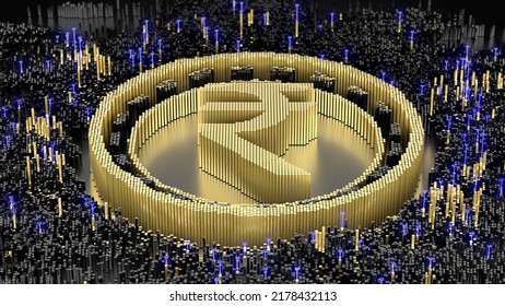 Indian Rupee Symbol In An Abstract Microstructure Of Black And Gold Blocks. 3d Rendering Image. Futuristic Concept Art. Blockchain Technology.