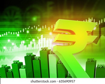 Indisches Rupien-Symbol mit Grafik, Finanzwachstum der indischen Wirtschaft. 3D-Darstellung	