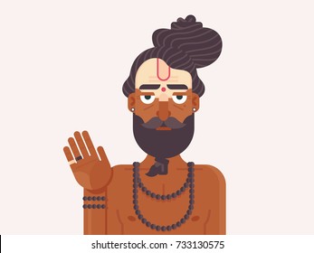 Indian Sadhu Monk. Cartoon Character Of An Holy Sadhu Man With Traditional Painted Face. Hindu Spirit Guide. Flat Illustration