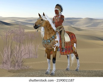 Indian Soaring Eagle 3d Illustration - An American Indian Rides His Paint Horse In A Desert Landscape With War Paint On His Face.