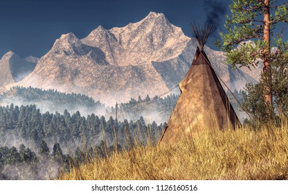 An Indian teepee (also spelled tipi and tepee) is pitched near the rocky mountians in the American Wild West. The Native American tent overlooks a forested valley below. 3D Rendering