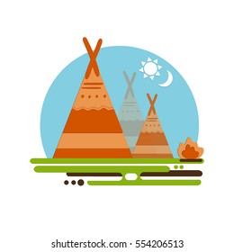 Indian Teepee Concept. Native American Indian House. Indian Culture Wigwam. Indian Tent With Fire Place.