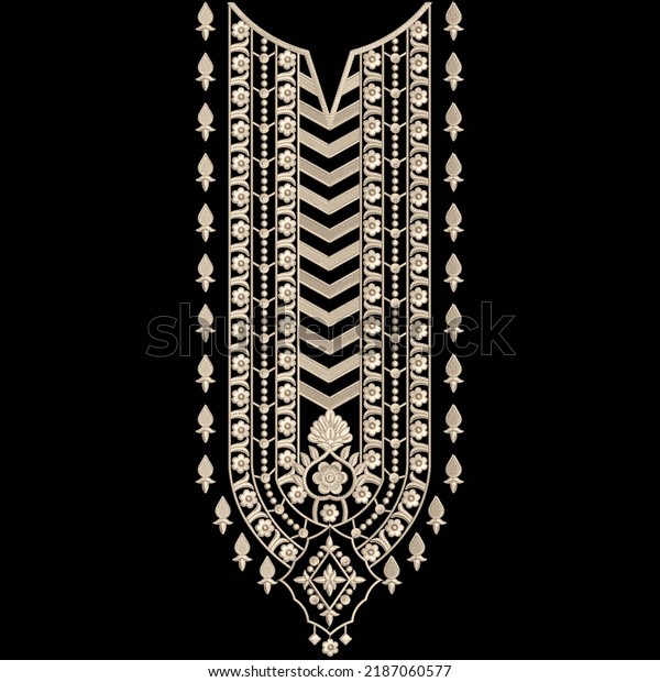 Indian traditional\
embroidery neckline design with decorative trendy ornaments and\
black background