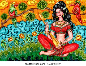 Indian traditional painting of woman in nature, Kerala mural style with beautiful ornamental background