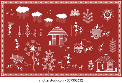 Indian Tribal Painting. Warli Painting Of Daily Activities In Village