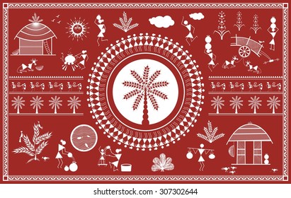 Indian Tribal Painting. Warli Painting Of Daily Activities In Village