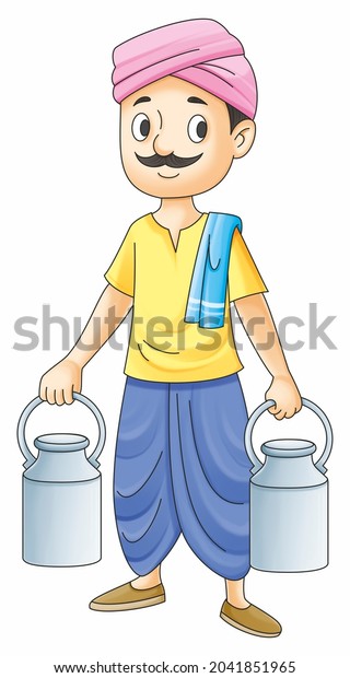 Indian village milkman, cartoon colorful bright\
illustration isolated on white, milkman with containers, milkman\
holding milk can in\
hand