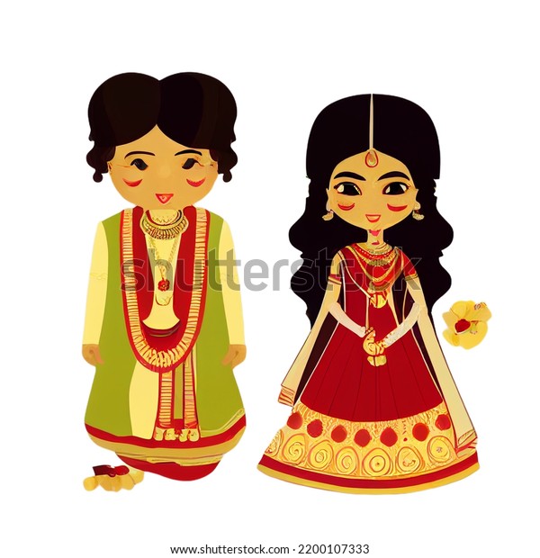 Indian Wedding Couple Traditional Dress Holding Stock Illustration ...