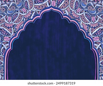 Indian wedding invitation template, ornamental background  frame for cards, banners, labels with copy space and gate drawing, blue and purple colors - Powered by Shutterstock