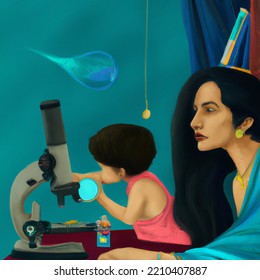 Indian Woman Being An Inspiring Scientist And Mother, Digital Art