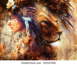 indian woman wearing  feather headdress with lion and abstract color collage