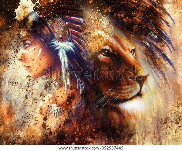 Indian woman wearing feather headdress with lion and abstract color collage. 