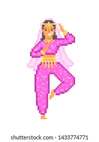 Indian/arabic Belly Dancer Woman In A Pink Costume, 8 Bit Pixel Art Icon Isolated On White Background. Old School Vintage 2d Video Game/slot Machine Graphics.  