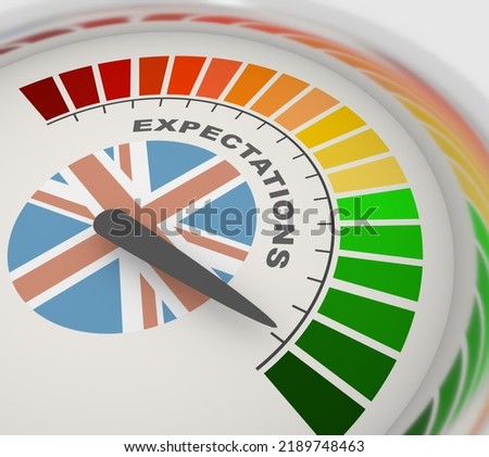 Indicator of expectations with color scale and flag of United Kingdom. Financial concept. 3D render. 3D Illustration