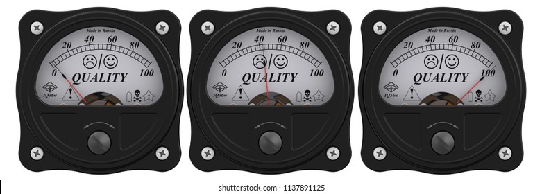 Indicator of quality. Set of analog indicators showing the level of QUALITY in percentage. 3D Illustration. Isolated