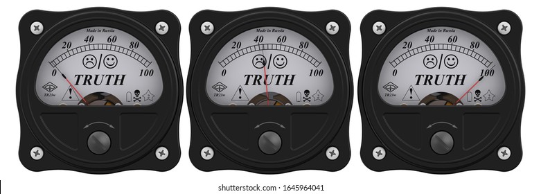 Indicator Of Truth. Set Of Black Analog Indicators Showing The Level Of TRUTH In Percentage. 3D Illustration