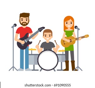 Indie rock band, male and female singers with guitars and drummer. Cute cartoon musicians illustration. - Powered by Shutterstock