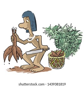 Indigenous Man Working With Manioc, Cartoon.