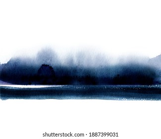 Indigo abstract watercolor landscape. Nature art background with Mountain forest template in modern style. 