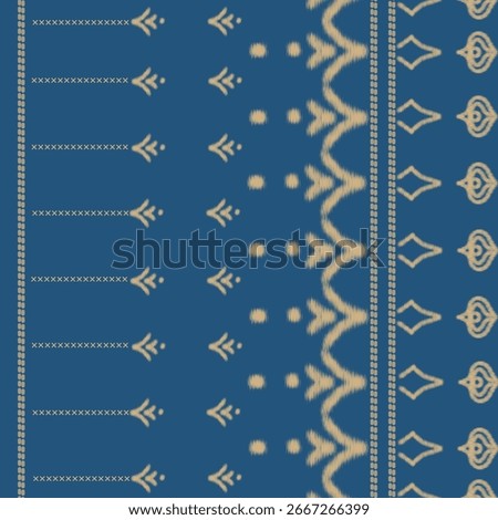 Indigo blue and beige ikat pattern with Thai and tribal motifs in a seamless design.