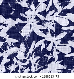 Indigo blue flower block print damask dyed  texture background. Seamless woven japanese repeat batik pattern swatch. Floral organic distressed block print cotton cloth. Asian all over textile. 