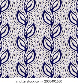 Indigo blue foliage block print dyed linen texture background. Seamless woven japanese repeat batik pattern swatch. Floral organic distressed blur block print all over textile.