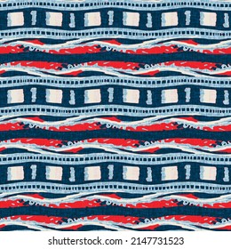 Indigo Blue Horizontal Broken Stripe Nautical Seamless Pattern. Modern Marine Line Striped Sailor Print. Classic Nantucket Fabric Textile Style. Summer Maritime Decor. Preppy Masculine Fashion Print