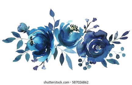 Indigo Blue Turquoise Watercolor Hand Painted Floral Bouquet.
