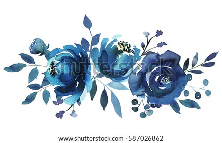 Indigo blue turquoise watercolor hand painted floral bouquet.