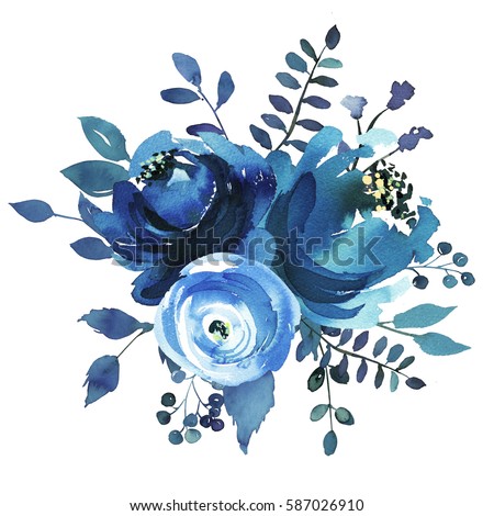 Indigo blue turquoise watercolor hand painted floral bouquet round.