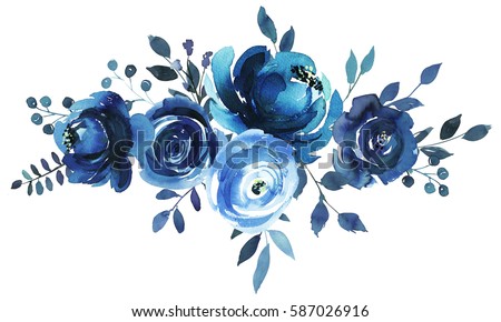 Indigo blue turquoise watercolor hand painted floral bouquet landscape.