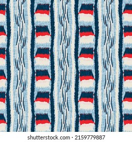 Indigo Blue Vertical Broken Stripes Nautical Seamless Pattern. Modern Marin Line Striped Sailor Print. Classic Nantucket Fabric Textile Style. Summer Maritime Decor. Preppy Masculine Fashion Print