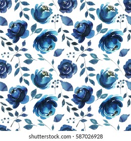 Indigo Blue Watercolor Floral Seamless Pattern Background.