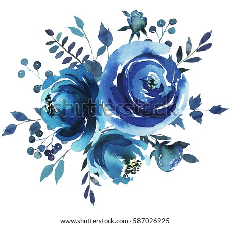 Indigo blue  watercolor hand painted floral bouquet round.