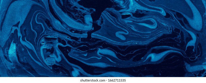 Indigo Dark Modern Oil Spots,  Banner Background .Blue Artistic Vintage Sprays, Acrylic Mixed. Cosmic Abstract Ink Asian Art.