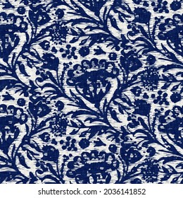 Indigo Dyed Fabric Flower Pattern Texture. Seamless Textile Fashion Cloth Dye Resist All Over Print. Japanese Kimono Block Print. High Resolution Batik Effect Repeatable Swatch. 