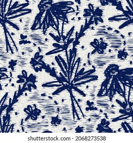 Indigo dyed fabric flower pattern texture. Seamless textile fashion cloth dye resist all over print. Japanese kimono block print. High resolution batik effect repeatable swatch. 