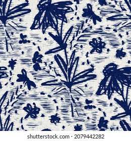 Indigo Dyed Fabric Flower Pattern Texture. Seamless Textile Fashion Cloth Dye Resist All Over Print. Japanese Kimono Block Print. High Resolution Batik Effect Repeatable Swatch. 